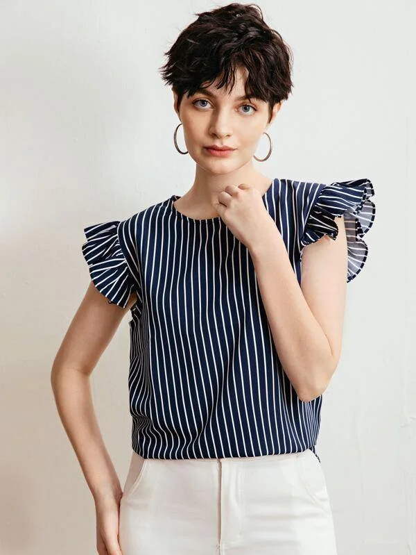 Vertical Striped Ruffle Sleeve Blouse Feminine Satin Blouse