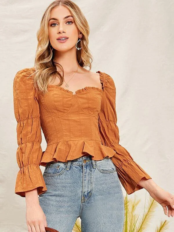 Gathered Sleeve Ruffle Hem Bustier Blouse Smart Business Blouse