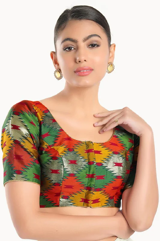 Green Brocade Woven Design Short Sleeves Blouse Subtle Shimmer Blouse
