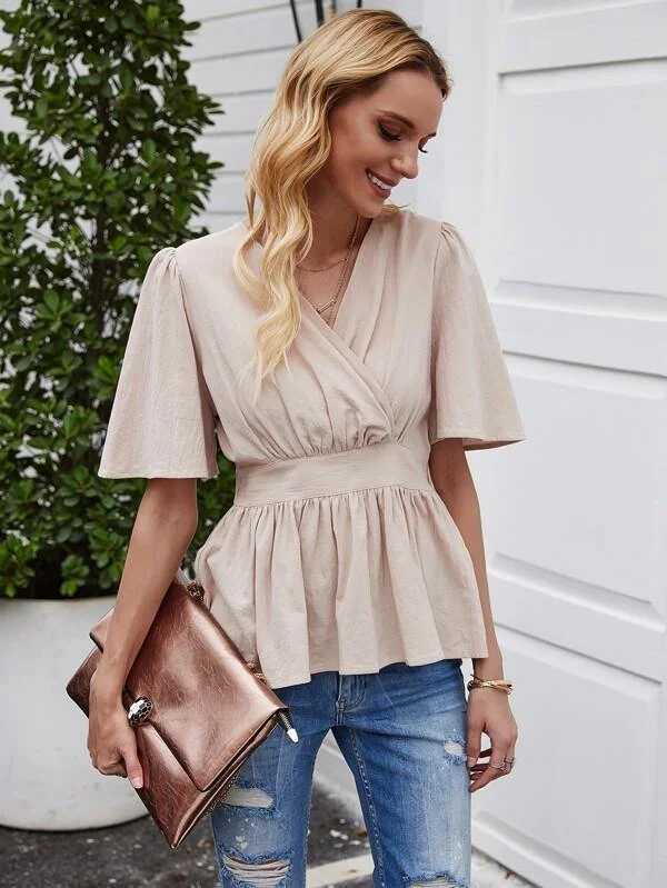 Surplice Front Ruffle Hem Peplum Blouse Chic Sleeveless Blouse