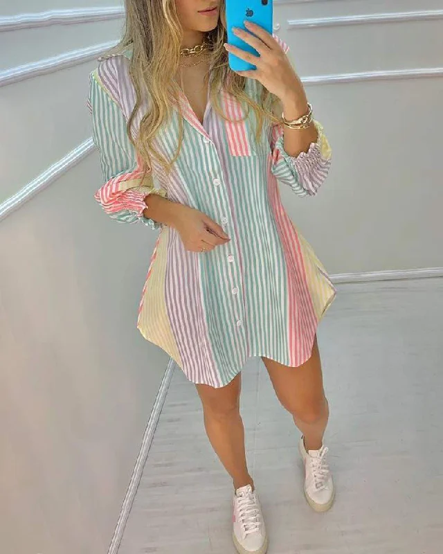 Color Striped Button Front Blouse Dress Peter Pan Collar Blouse