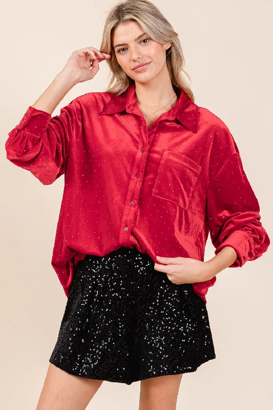 Mini Rhinestone Velvet Blouse Short Sleeve Blouse