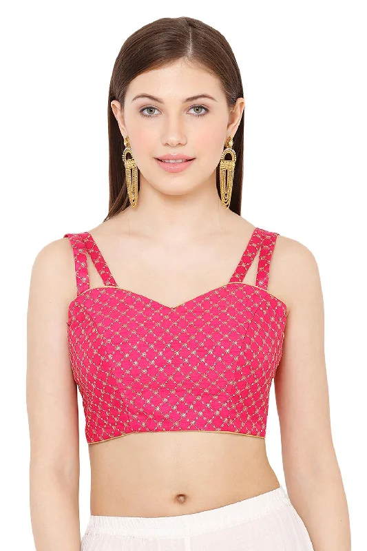 Tomato Pink Dupion Silk Embroidered Sleeveless Blouse Drape Neck Blouse
