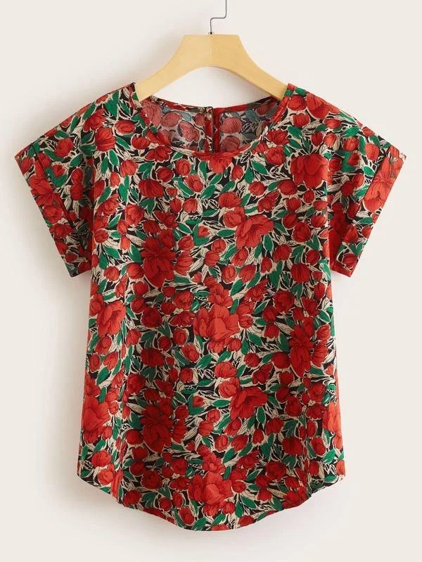 Floral Print Keyhole Back Curved Hem Blouse Loose Oversized Blouse