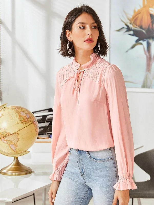 Textured Panel Ruffle Tie Neck Blouse Elegant Lace Blouse