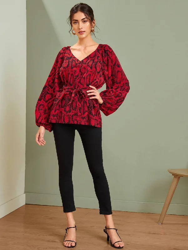 Snakeskin V-neck Self Tie Blouse Mandarin Collar Blouse