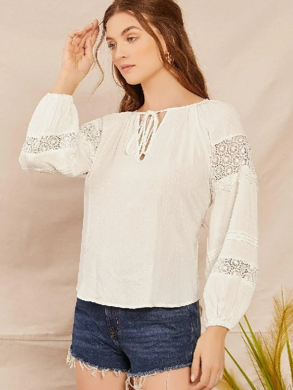 Long Sleeve Lace Trim Tied Peasant Blouse Sweetheart Neck Blouse
