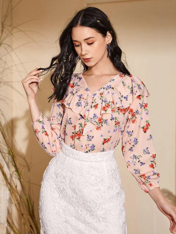 Floral Print Ruffle Trim Blouse Casual Button Blouse