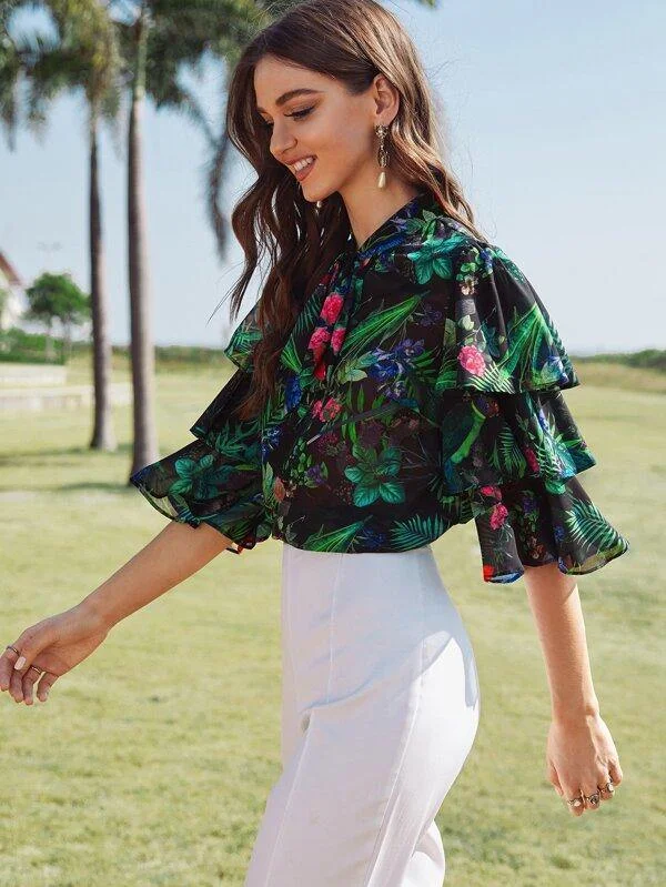 Tie Neck Layered Sleeve Tropical Print Blouse Loose Fit Blouse