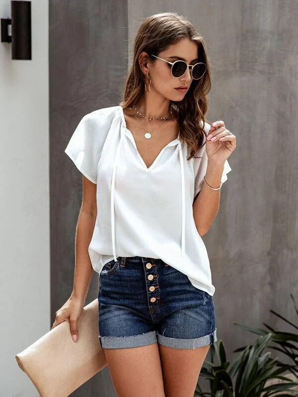 Tie Neck Raglan Sleeve Solid Blouse Casual Relaxed Blouse