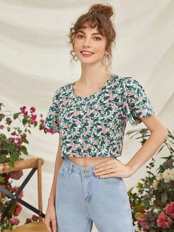 All Over Plants Print Button Front Chiffon Blouse Textured Cotton Blouse