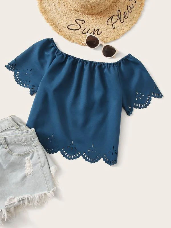 Laser Cut Out Bardot Blouse Casual Button Blouse