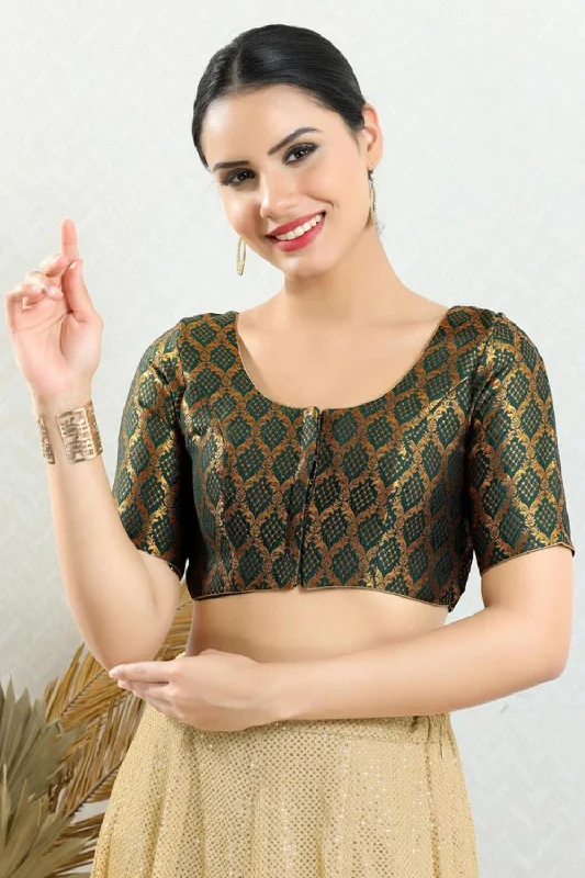 Green Brocade Woven Design Short Sleeves Blouse Casual Button Blouse