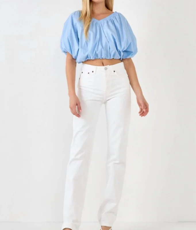 Puff Sleeves Blouse In Powder Blue Classic White Blouse
