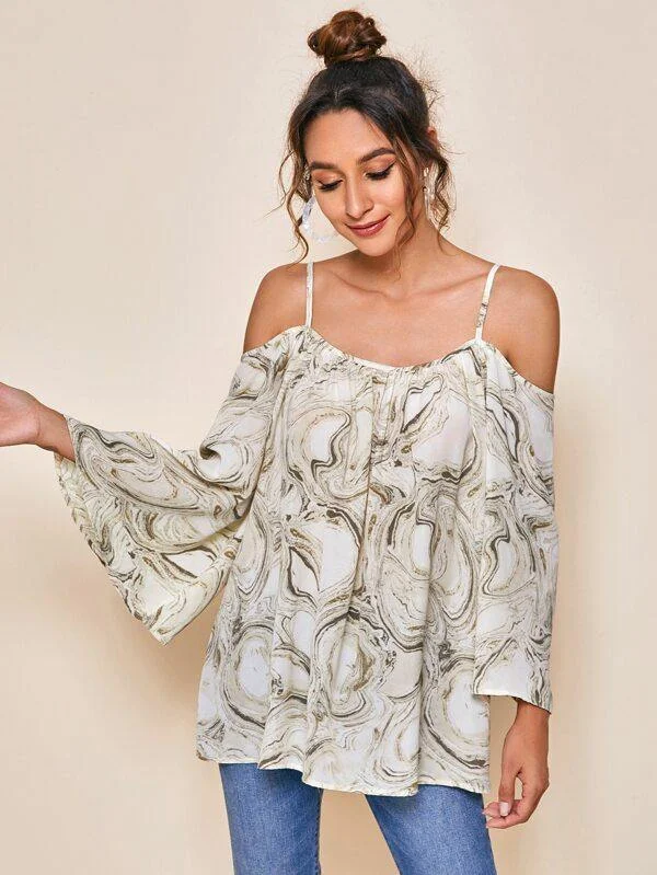 Marble Print Cold Shoulder Blouse Delicate Pleat Blouse