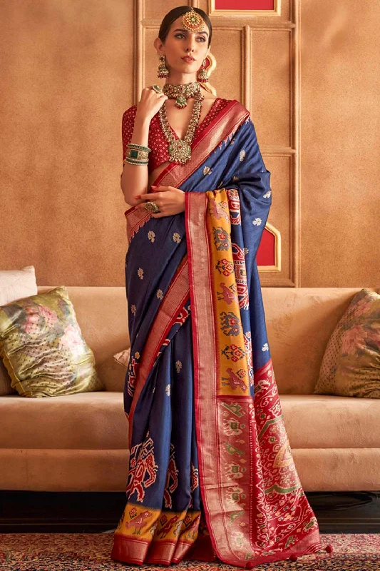 Navy Blue Patola Silk Contemporary Saree With Unstitched Blouse Feminine Puff Blouse