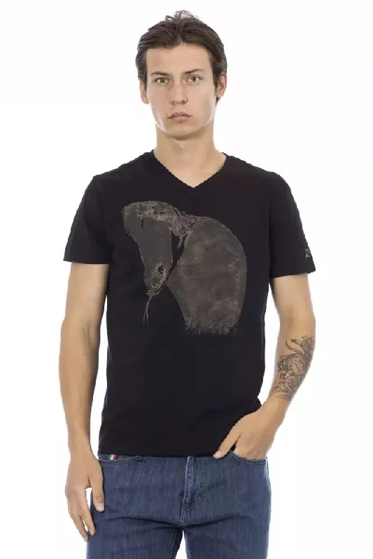 Black Cotton Men V-neck T-shirt-- Graphic T-Shirt Round Neck Polyester