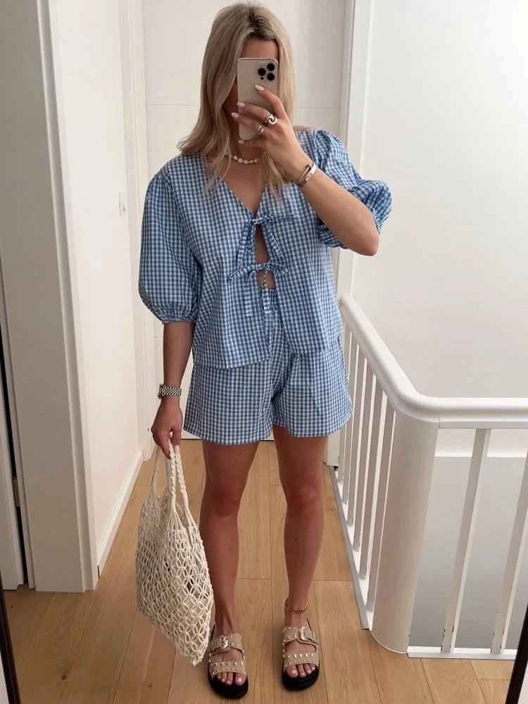 Advbridge Plaid Print Women Matching Set Summer Casual V Neck Bowknot Shorts Set 2 Pcs Outfits Blue Chic Spring Blouse+shorts Set Embroidered Floral Blouse