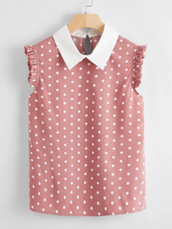 Polka Dot Contrast Collar Frill Cuff Blouse Lightweight Tunic Blouse