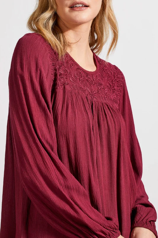 LONG SLEEVE BLOUSE W/EMBROIDERED YOKE - PORT WINE Textured Cotton Blouse