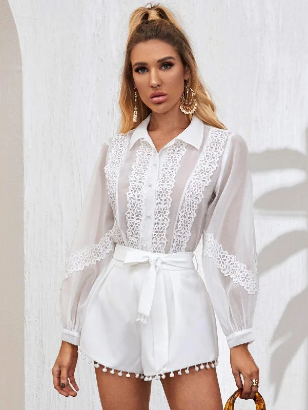 Lace Applique Sheer Blouse Ruched Sleeve Blouse