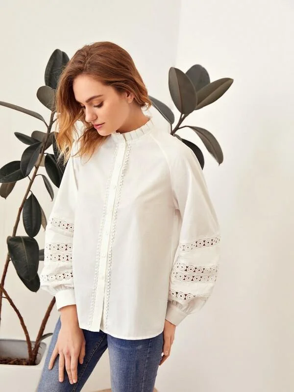 Ruffle Neck Raglan Sleeve Buttoned Front Guipure Lace Insert Blouse Soft Satin Blouse