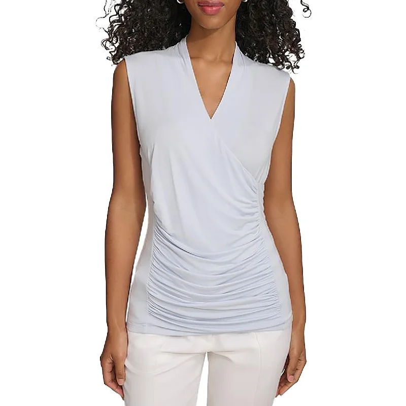 Womens Ruched V-Neck Blouse Pastel Color Blouse