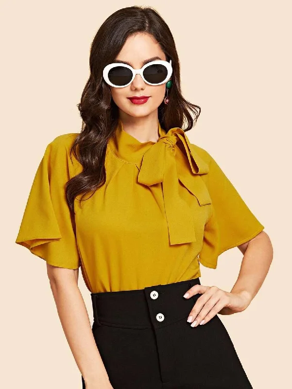 Flutter Sleeve Tie Neck Blouse Casual Relaxed Blouse
