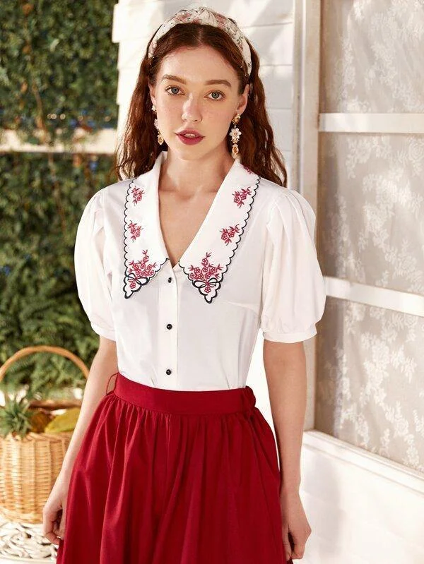 Embroidered Peter Pan Collar Puff Sleeve Blouse Loose Oversized Blouse