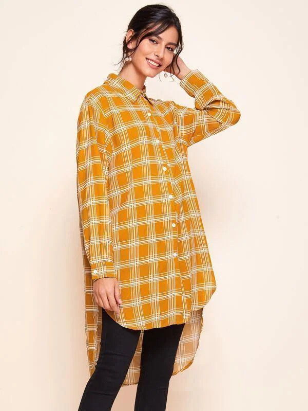 Plaid High Low Button Up Blouse Bell Sleeve Blouse