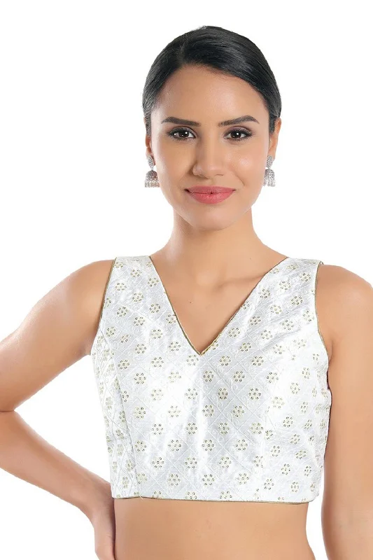 White Jain Silk Woven Design Sleeveless Blouse Sleeveless Chiffon Blouse
