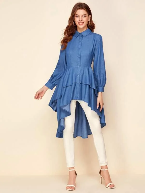 Asymmetric Layered Ruffle Hem Peplum Blouse Smart Casual Blouse
