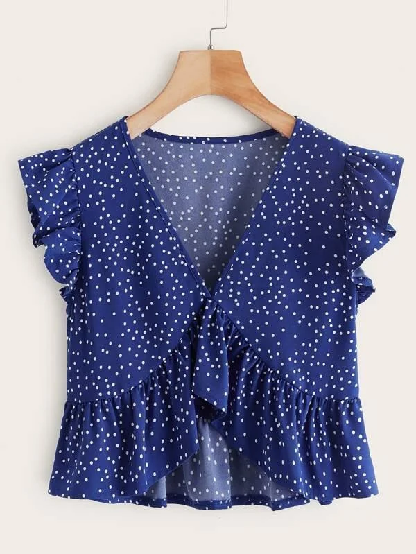 Polka Dot Chiffon Crop Babydoll Blouse Soft Satin Blouse