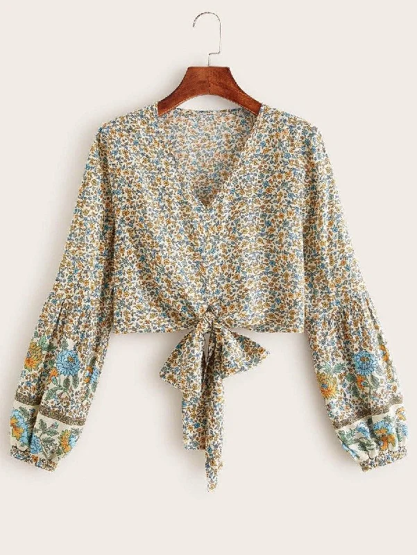 Ditsy Floral Print Knot Hem Crop Blouse Casual Stripe Blouse