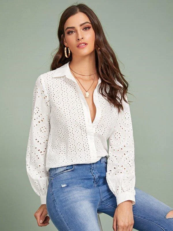 Lantern Sleeve Eyelet Embroidered Blouse Lightweight Chiffon Blouse