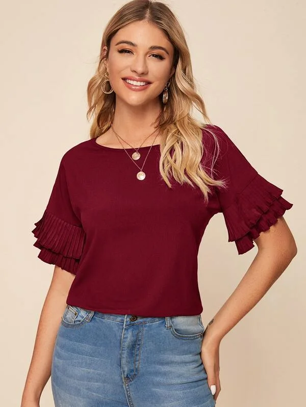 Solid Pleated Flounce Sleeve Blouse Sweetheart Neck Blouse