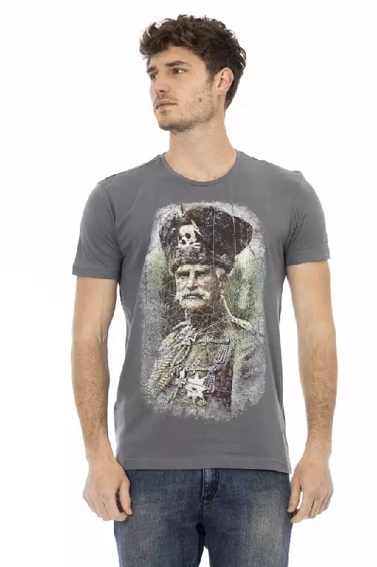 Gray Cotton Men T-shirt-- Spandex Blend Rayon Blend Denim Blend