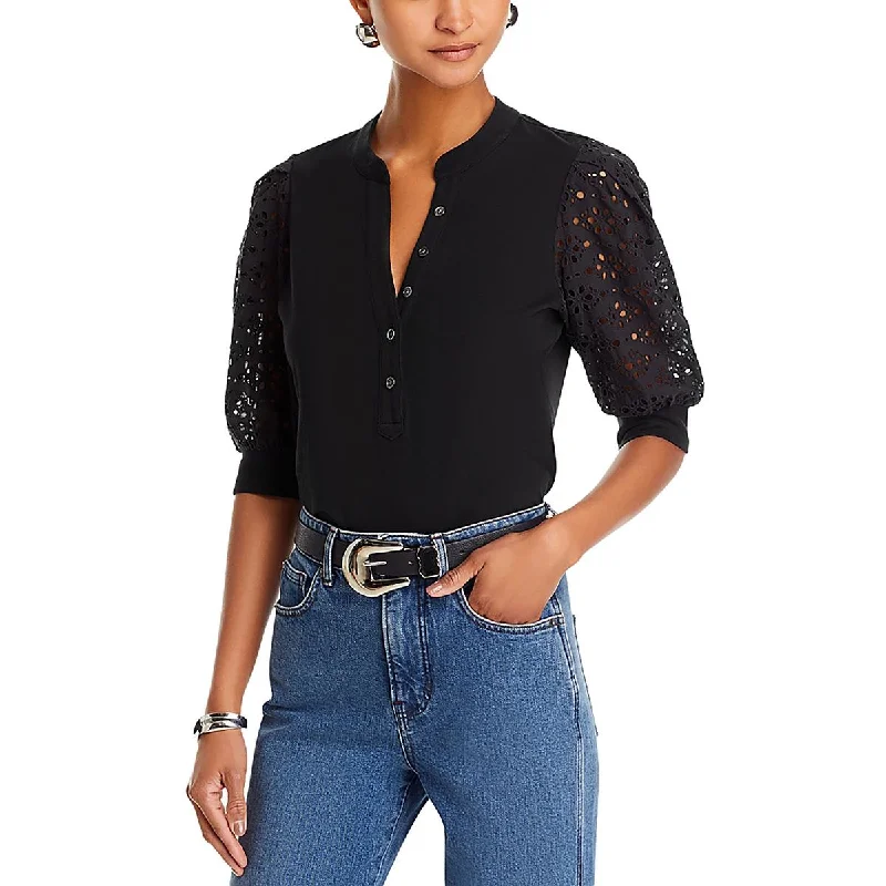 Coralee Womens Eyelet Puff Sleeve Blouse Sheer Mesh Blouse