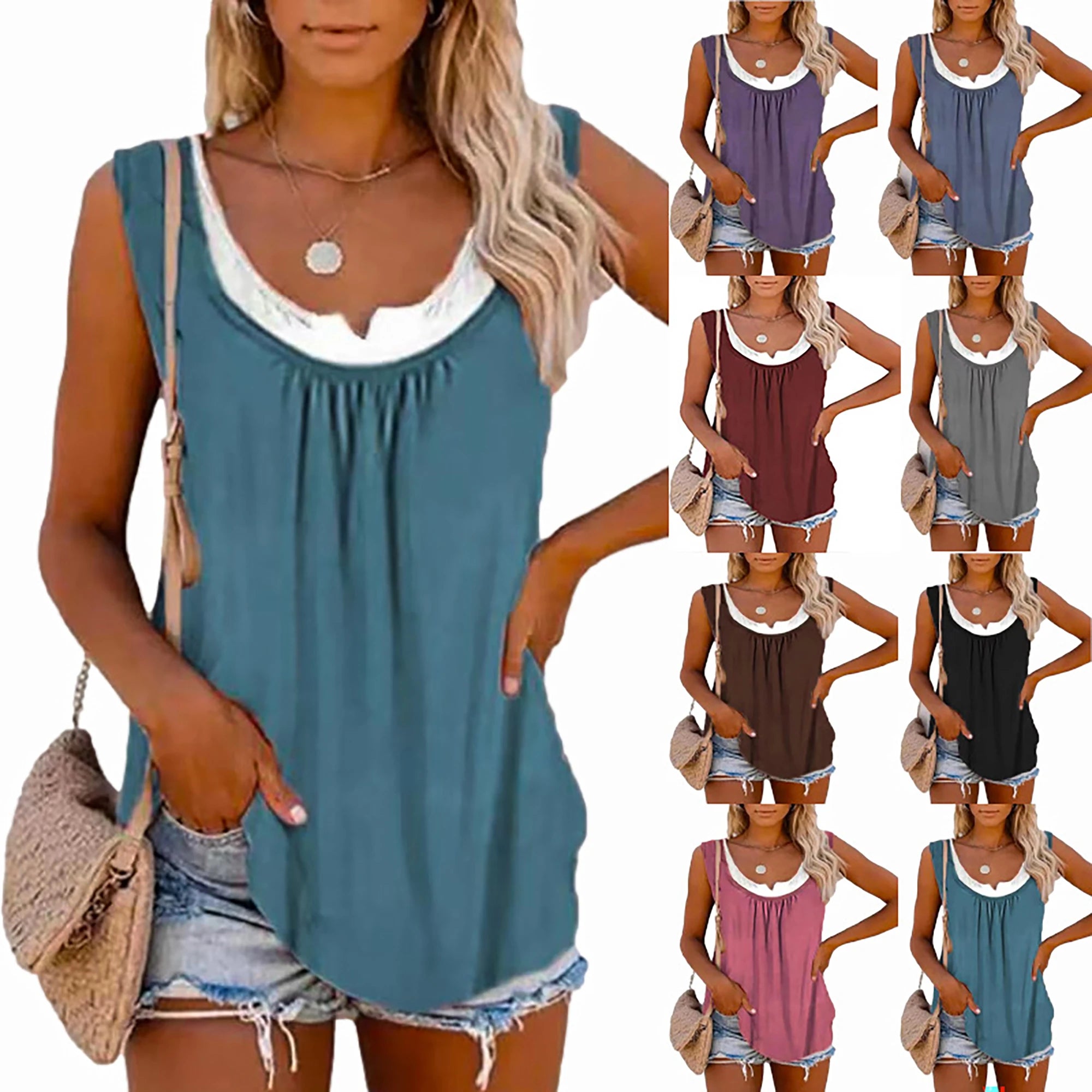 Womens blouse solid color patchwork sleeveless pleated vest T-shirt -- Basic T-Shirt Crew Neck Short Sleeve
