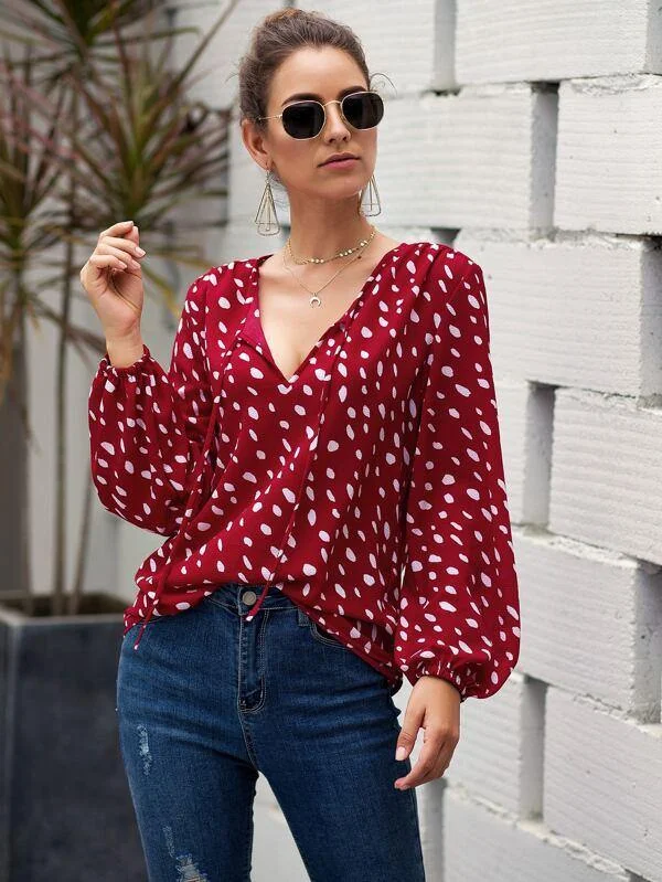 Graphic Print Lantern Sleeve Blouse Flowy Bohemian Blouse
