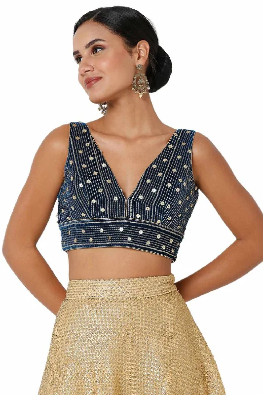 Blue Velvet Embroidered Sleeveless Blouse Gathered Detail Blouse