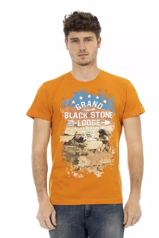 Orange Cotton Men T-shirt-- Houndstooth Herringbone Solid