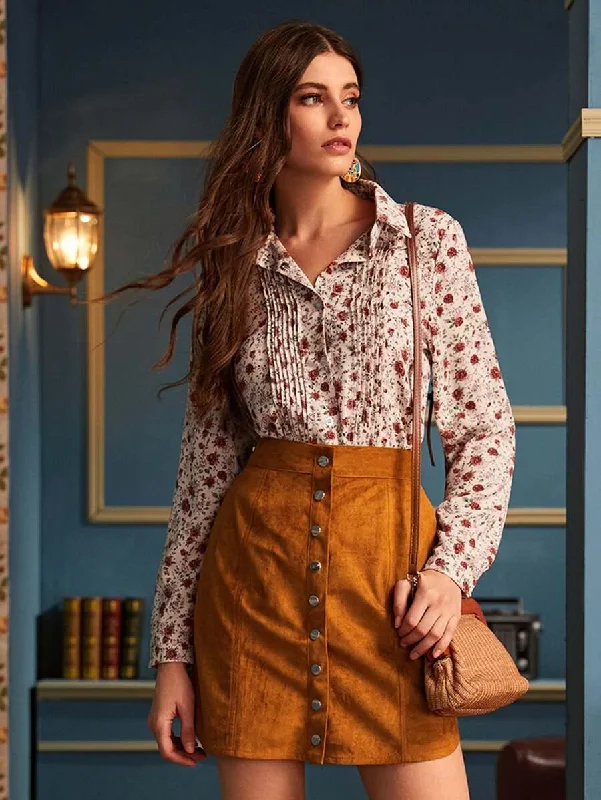Ditsy Floral Print Button Through Chiffon Blouse Office Formal Blouse