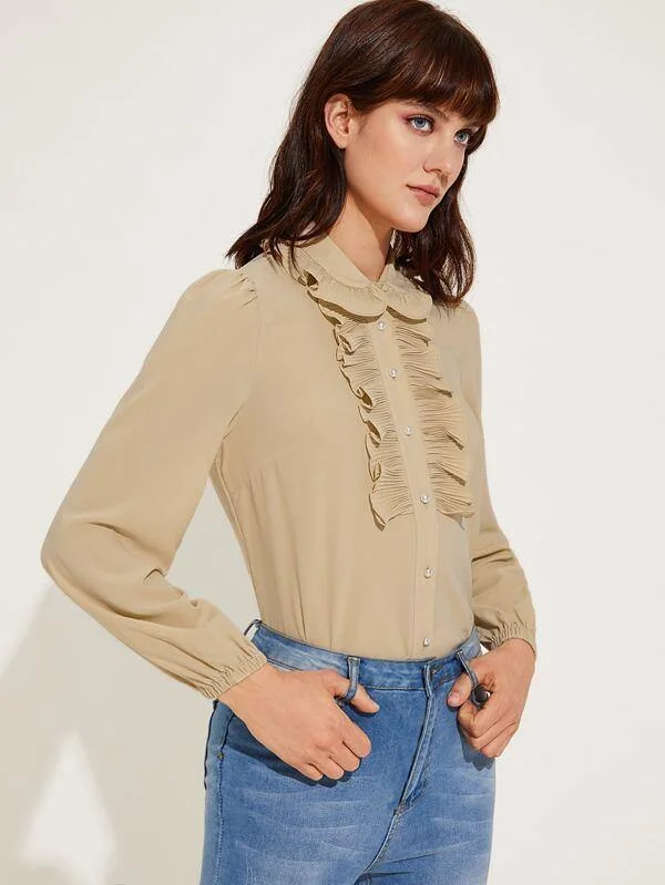 Pleated Ruffle Trim Button Front Blouse Sheer Sleeve Blouse