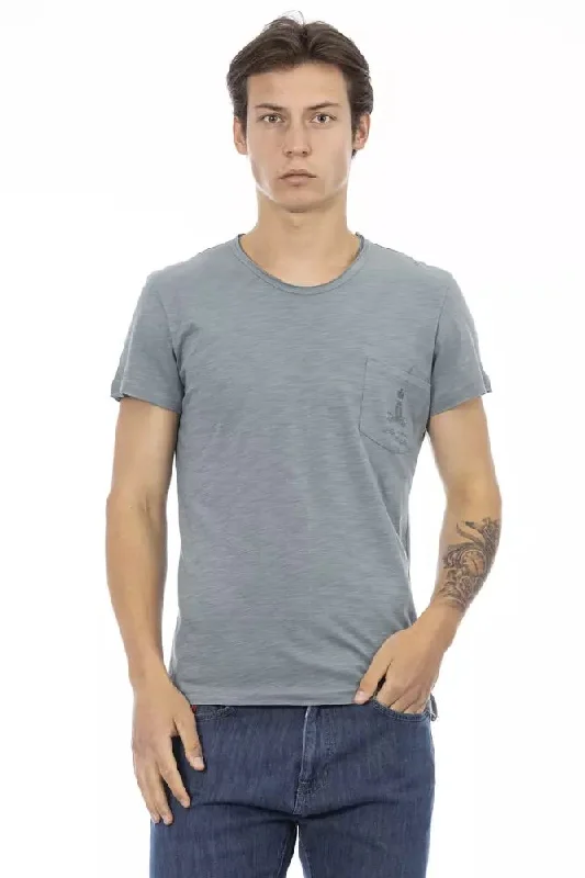 Gray Cotton Men T-shirt-- Collared Crew Neck Turtle Neck