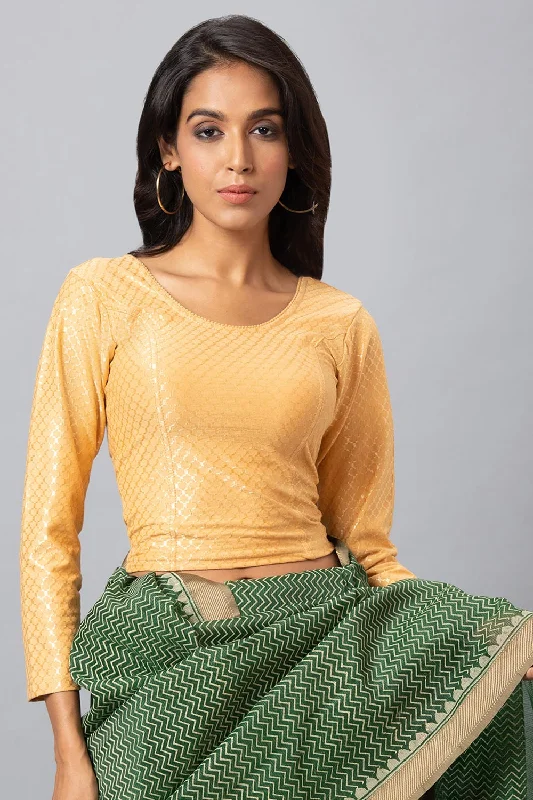 Gold Cotton Lycra Woven Design Long Sleeves Blouse Collared Satin Blouse