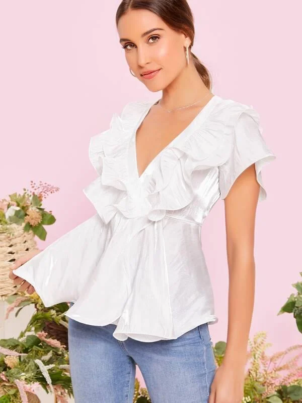 Metallic Sheen Ruffle Detail Wrap Blouse Mandarin Collar Blouse