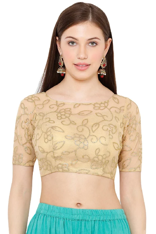 Gold Net Embroidered Short Sleeves Blouse Feminine Tie Blouse