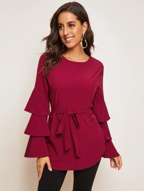 Layered Sleeve Self Tie Blouse Soft Pastel Blouse