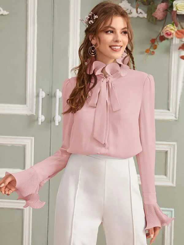 Tie Neck Pleated Ruffle Trim Solid Blouse Stylish Wrap Blouse